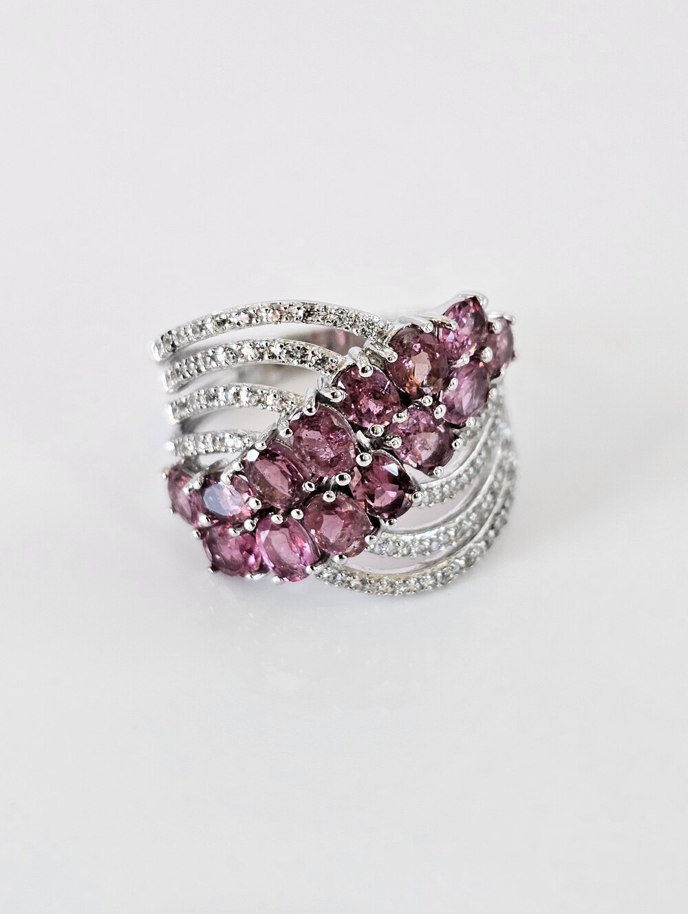 Genuine Pink Tourmaline & White Zircon Ring Sterling Silver Rhodium Overlay Sz 7